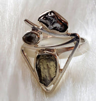 Rough Moldavite, Pakimer Diamond and Meteorite Ring in .925 Sterling Silver (Size 7)