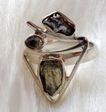 Rough Moldavite, Pakimer Diamond and Meteorite Ring in .925 Sterling Silver (Size 7)