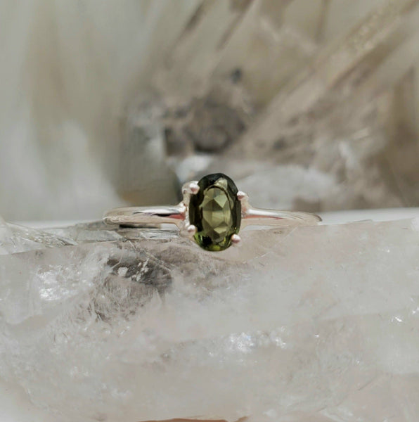 Faceted Moldavite Ring in Sterling Silver (Size