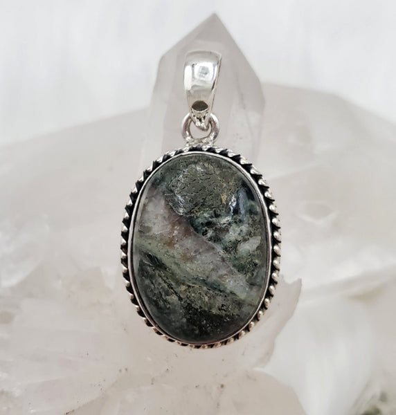 Epidote in Quartz Pendant .925 Stirling Silver
