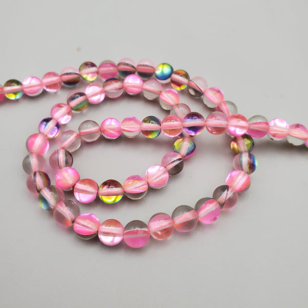 Pink/Peach Aura Glass (6mm) Round Bead Strand