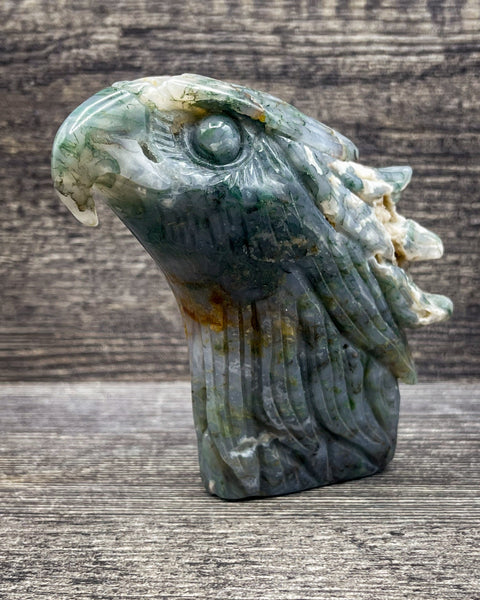 Moss Agate Eagle Head Carving, 630g